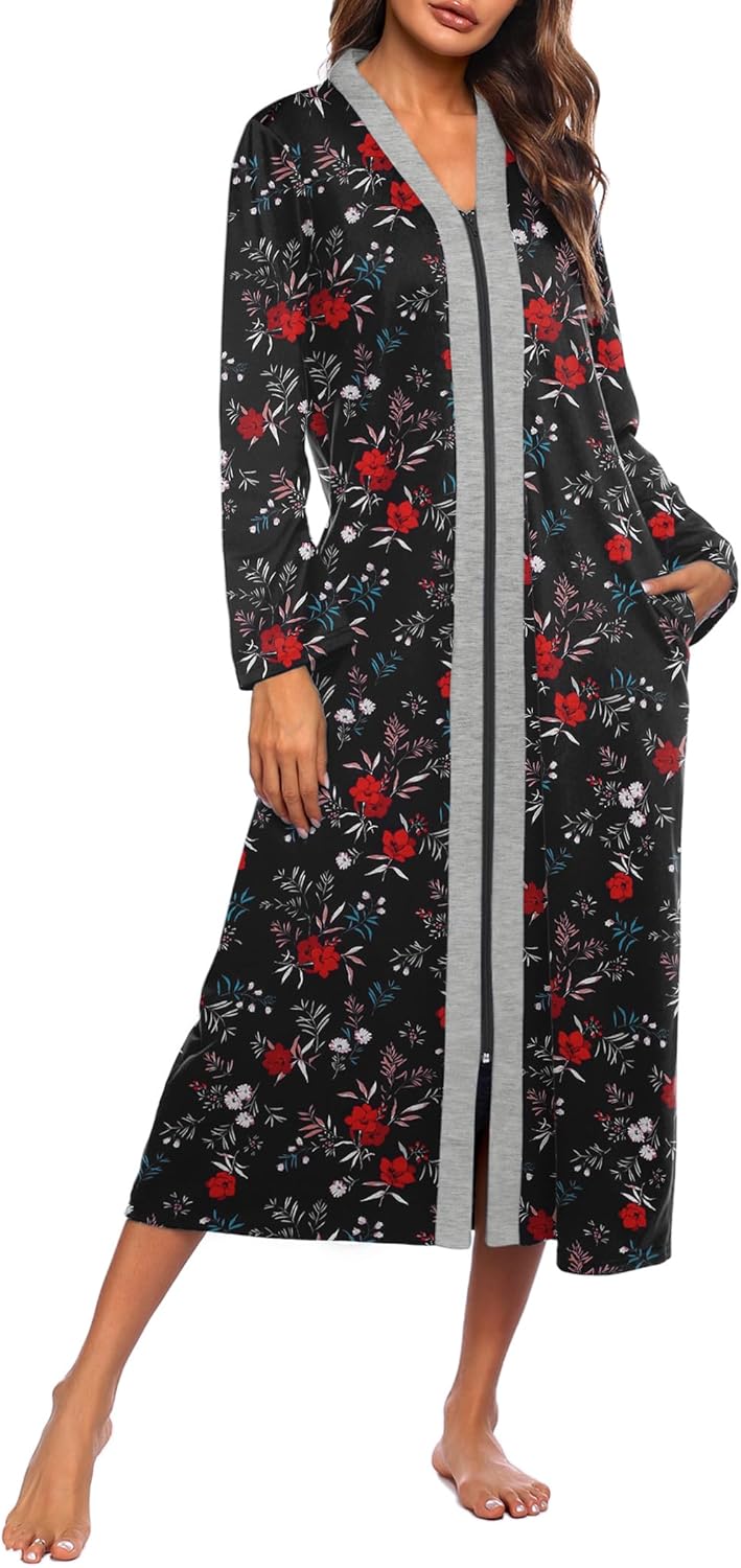 Ekouaer Women Zipper Robe Long Sleeve Lightweight Housecoat