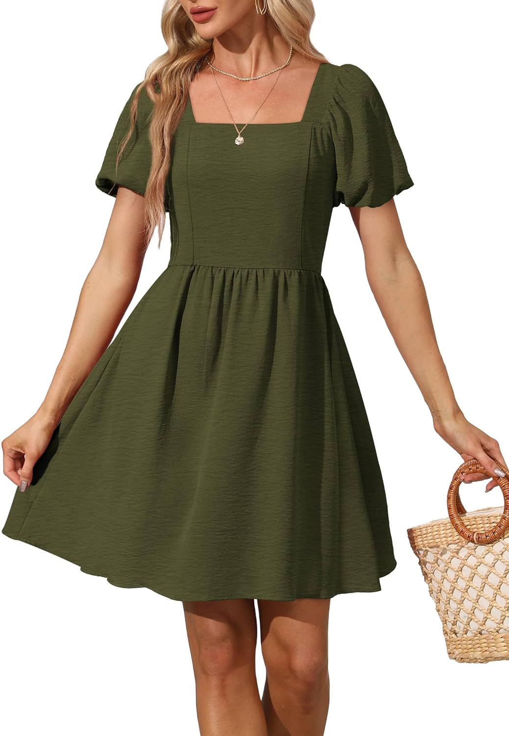 OFEEFAN Women Puff Sleeve Square Neck Tie Back Dress with Zipper