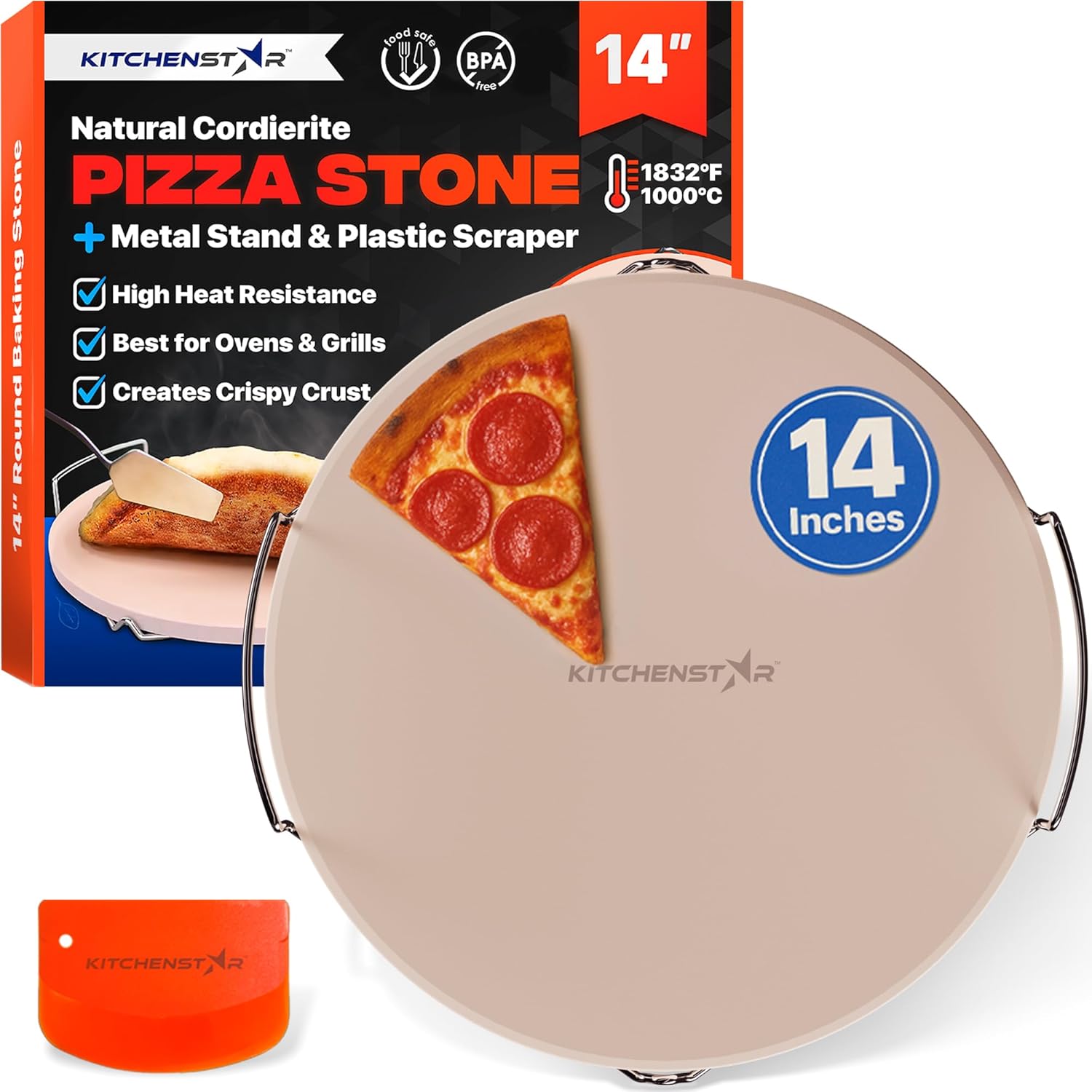 KitchenStar 14-inch Pizza Stone for Oven and BBQ Grill with Handles