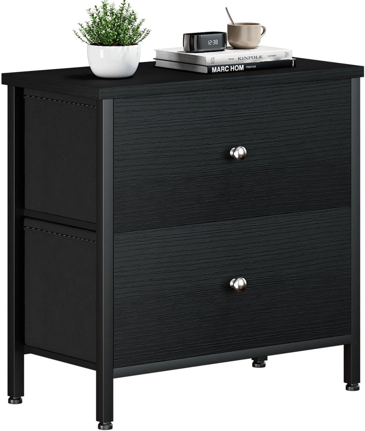 BOLUO Black Nightstand with 2 Drawers for Modern Bedrooms