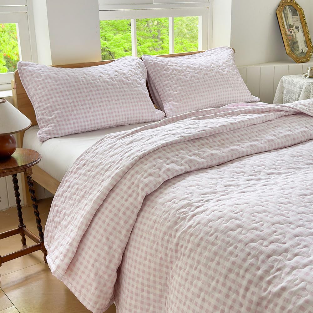 NSNLGSGC Pink Gingham King Quilt Set for Cozy Bedrooms