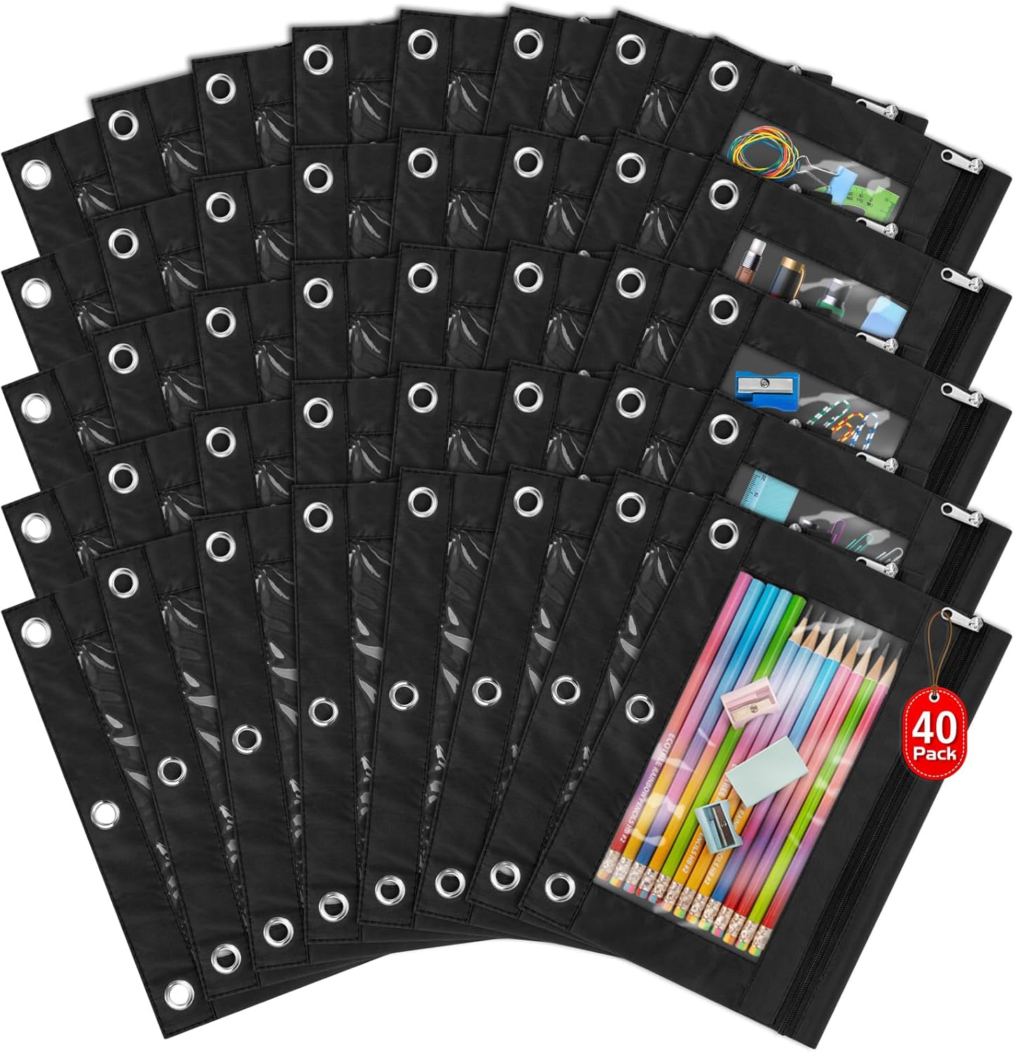 40 Pack Black Pencil Pouch for 3 Ring Binder Organization