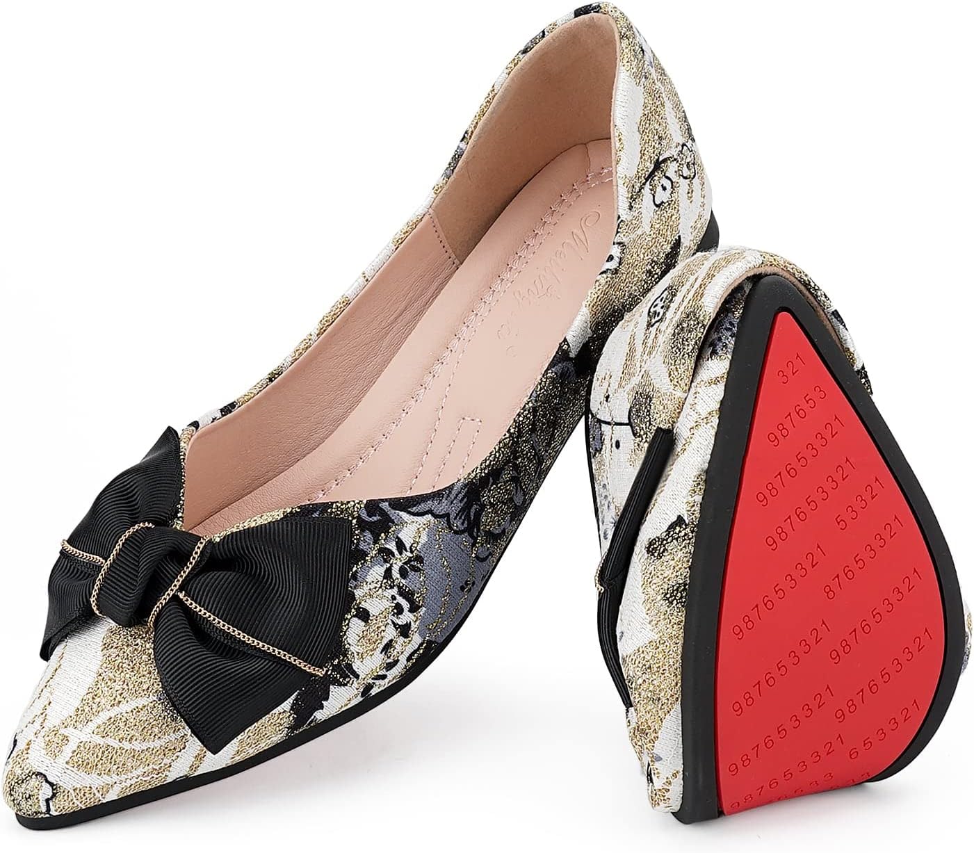 Hxlber Women's Pointed Toe Bow Embroidery Ballet Flats Shoes