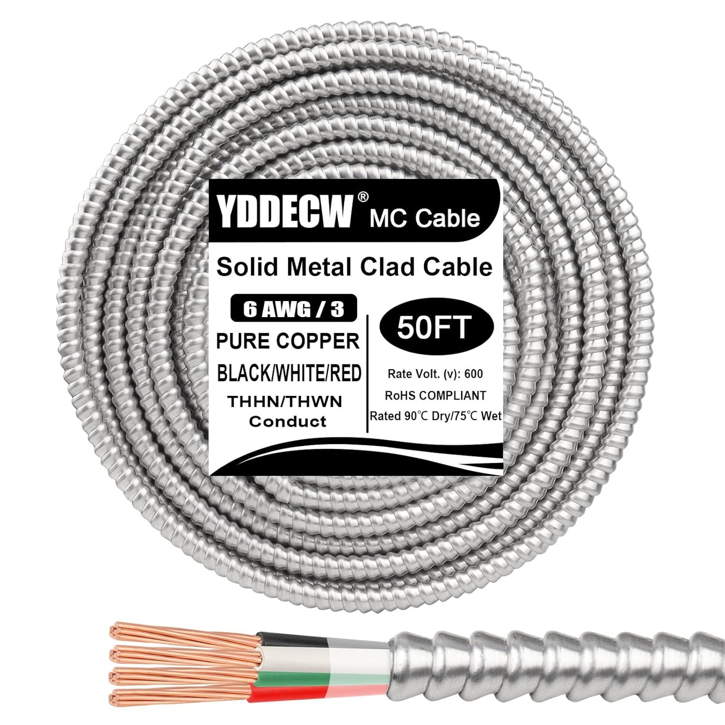 50ft 6/3 Metal Clad Cable with Ground for Heavy Duty Use