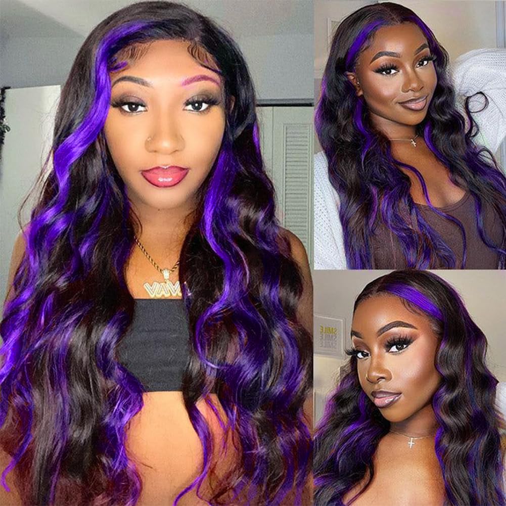 13x6 Highlight Purple Ombre Human Hair Wigs for Women 20in