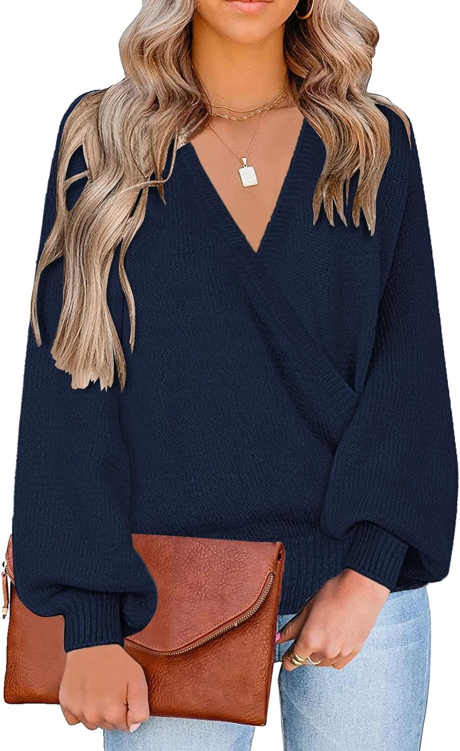 Knit Long Sleeve Faux Wrap Surplice V Neck Sweater Top Review