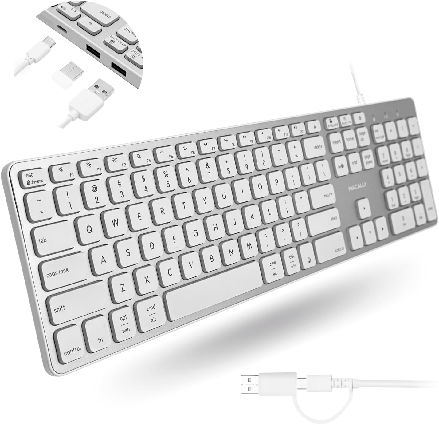 Macally Wired Keyboard for Mac with USB Hub - Backlit Keys