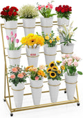 Flower Display Stand 3-Tier with 12 Buckets - Movable Gold Plant Stand