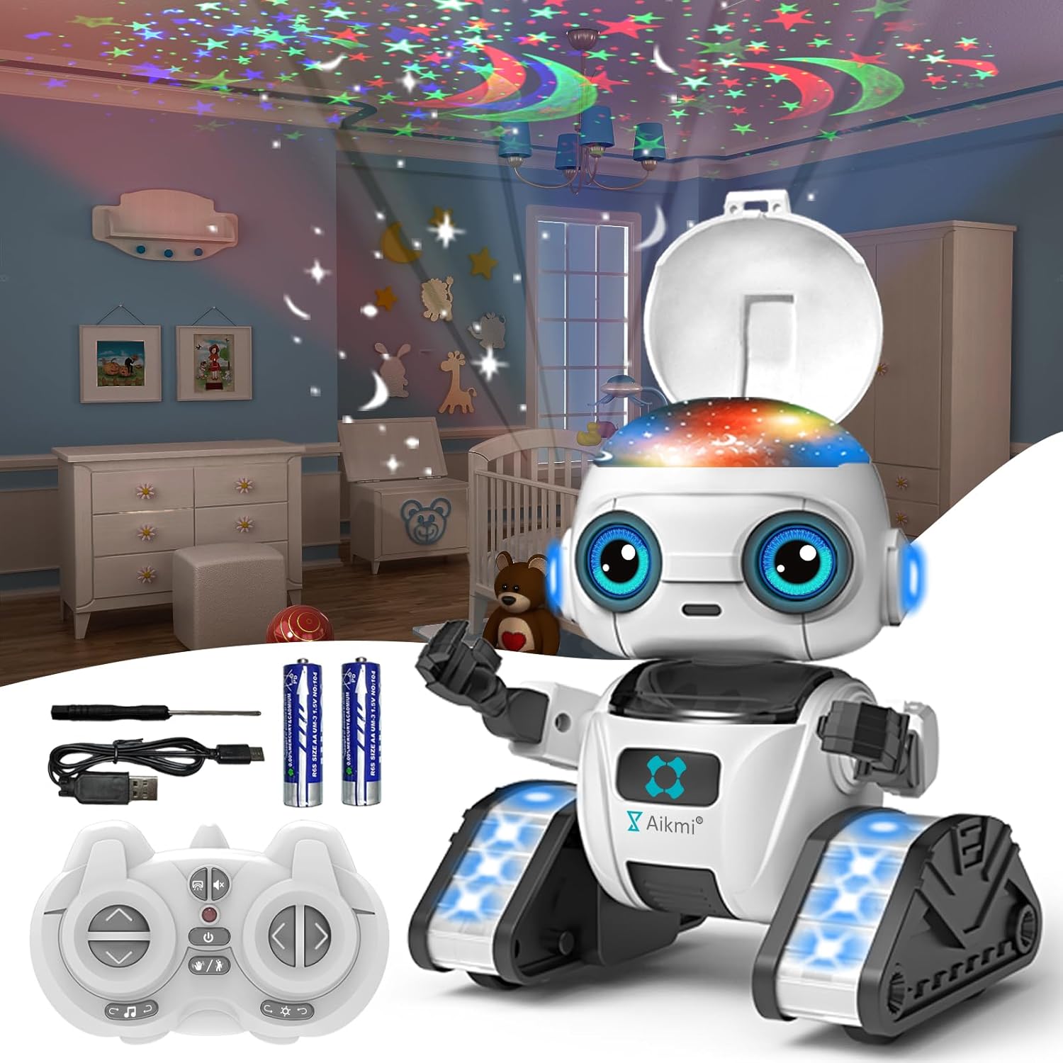 Rechargeable Remote Control Robot with Projector Night Light for Kids