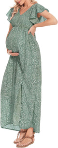 Floral Print V Neck Maternity Dress Boho - Flowy Smocked Maxi Jewelry