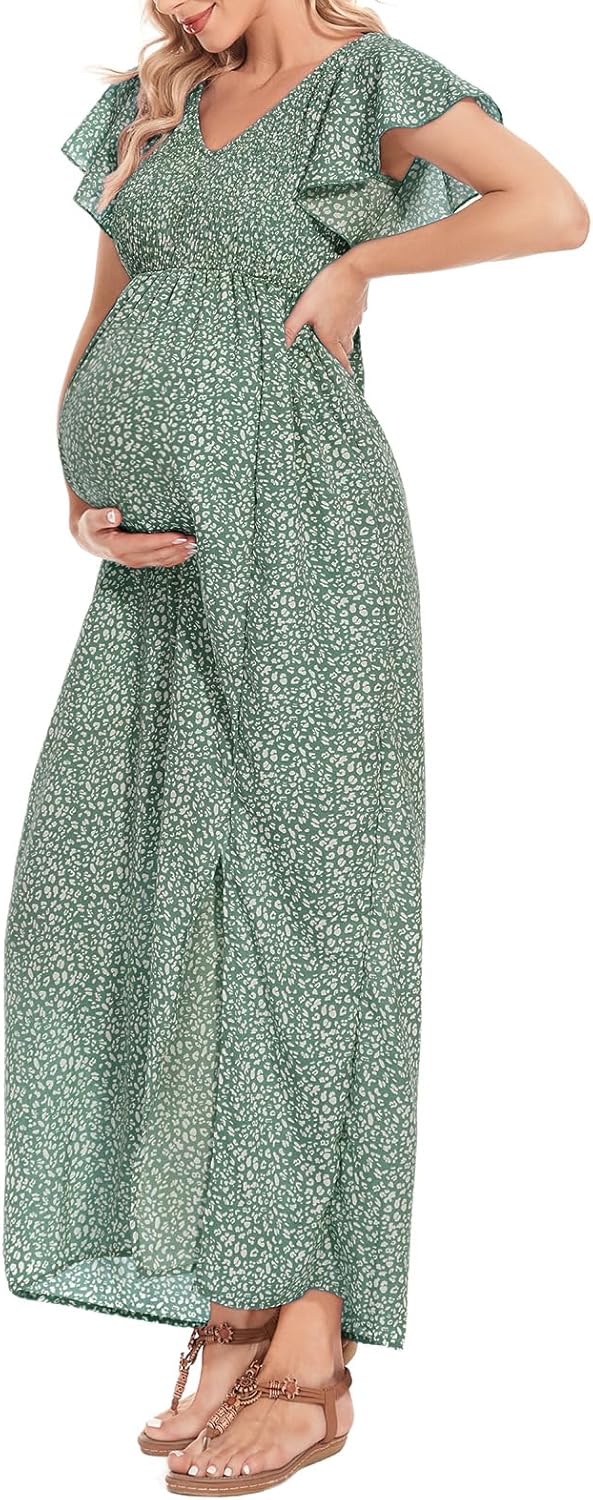 Floral Print V Neck Maternity Dress for Baby Shower Events