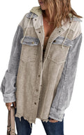 Corduroy Shacket Jacket Long Sleeve Hooded Color Block - Stylish Fall