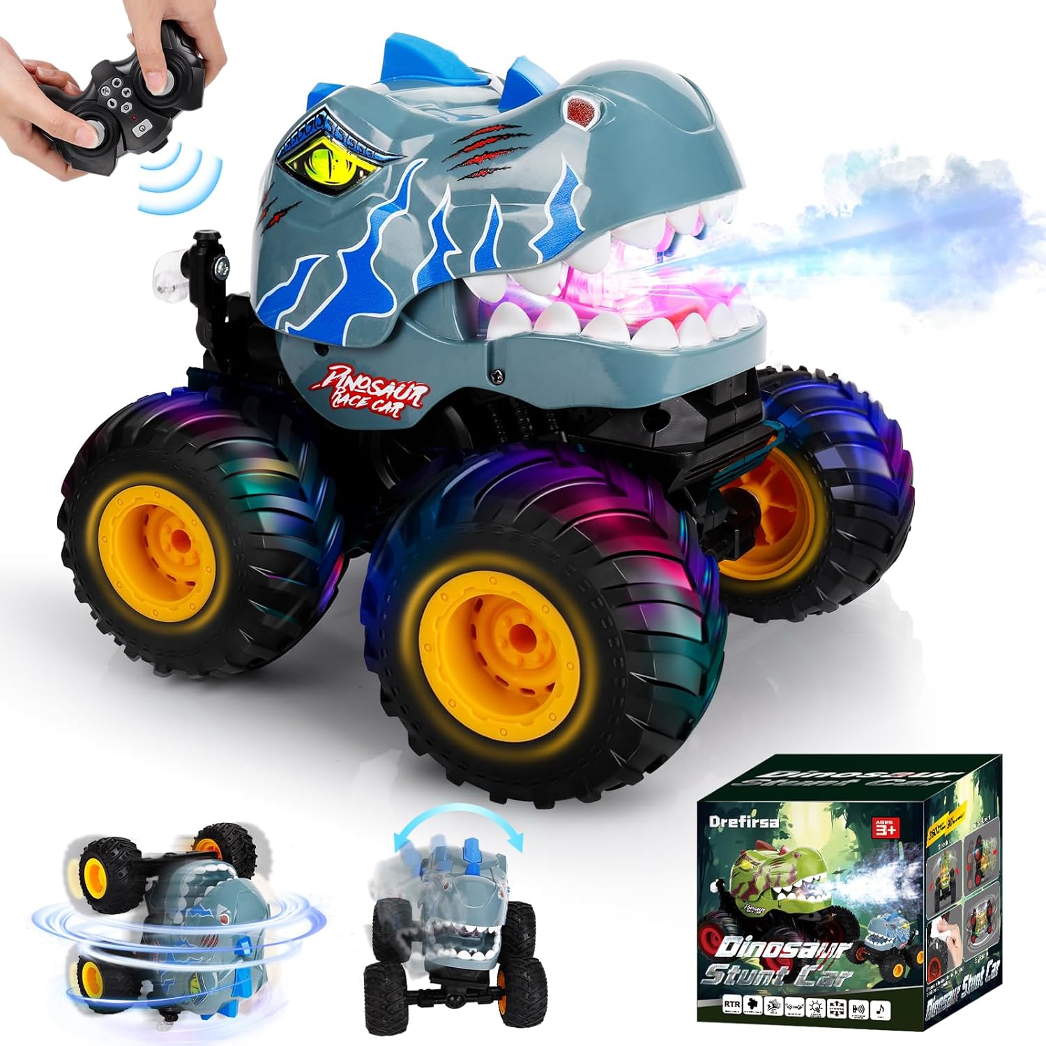 Dinosaur RC Stunt Car for Kids with 50min Runtime and LED Light