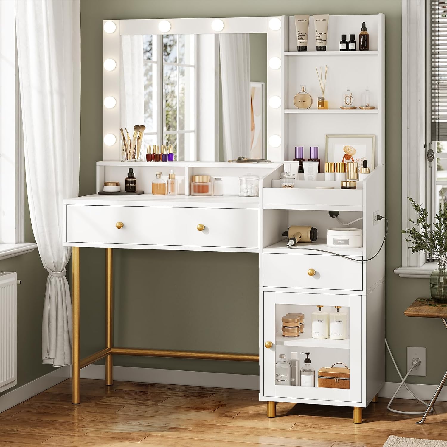 AOGLLATI Makeup Vanity with Lights and Charging Station Design