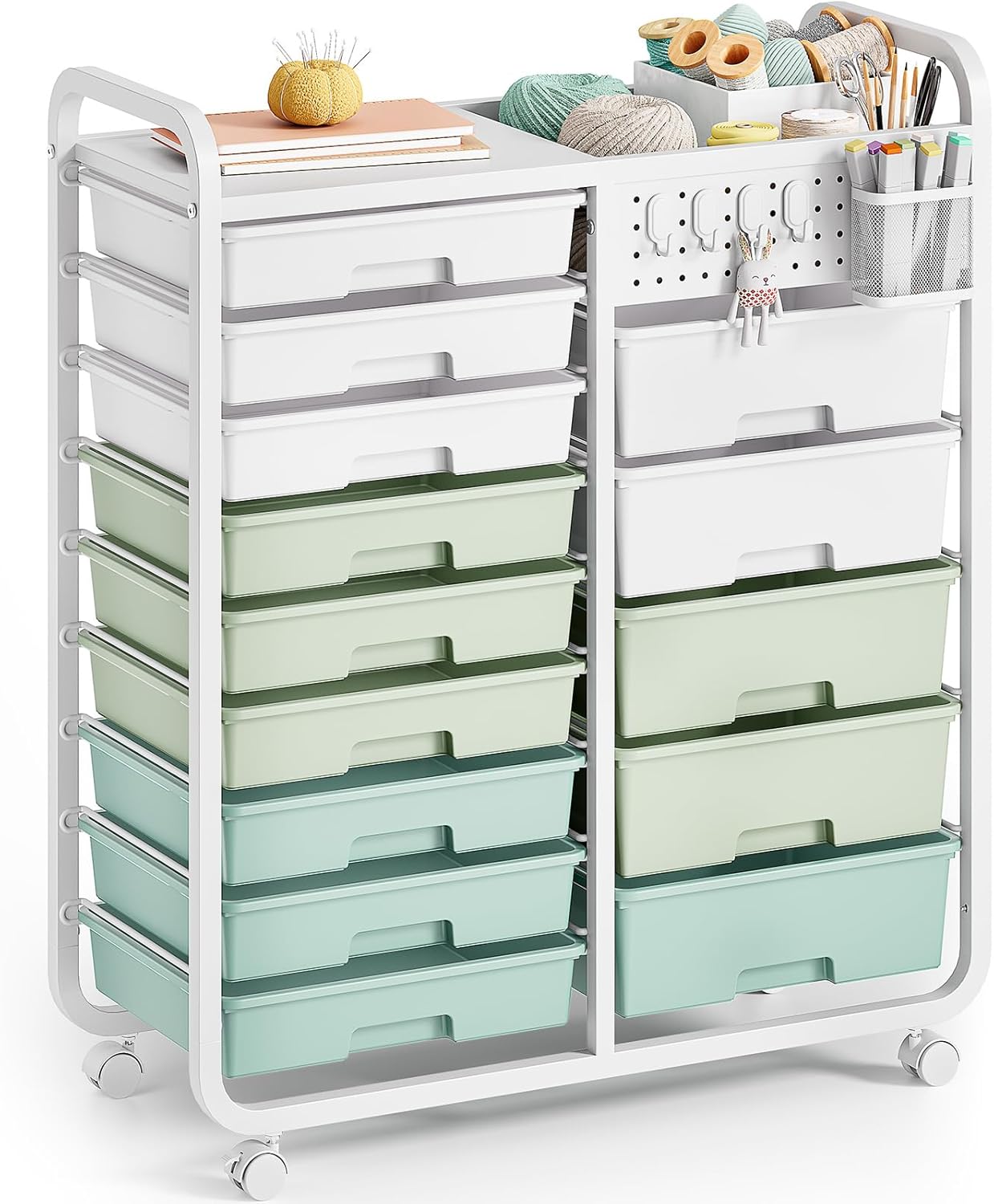 14 Drawer Rolling Cart with Tabletop & DIY Pegboard for Storage