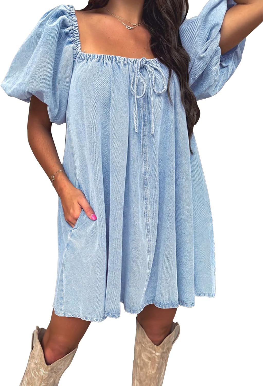EXLURA Womens Summer Denim Short Puff Sleeve Dress for 2025