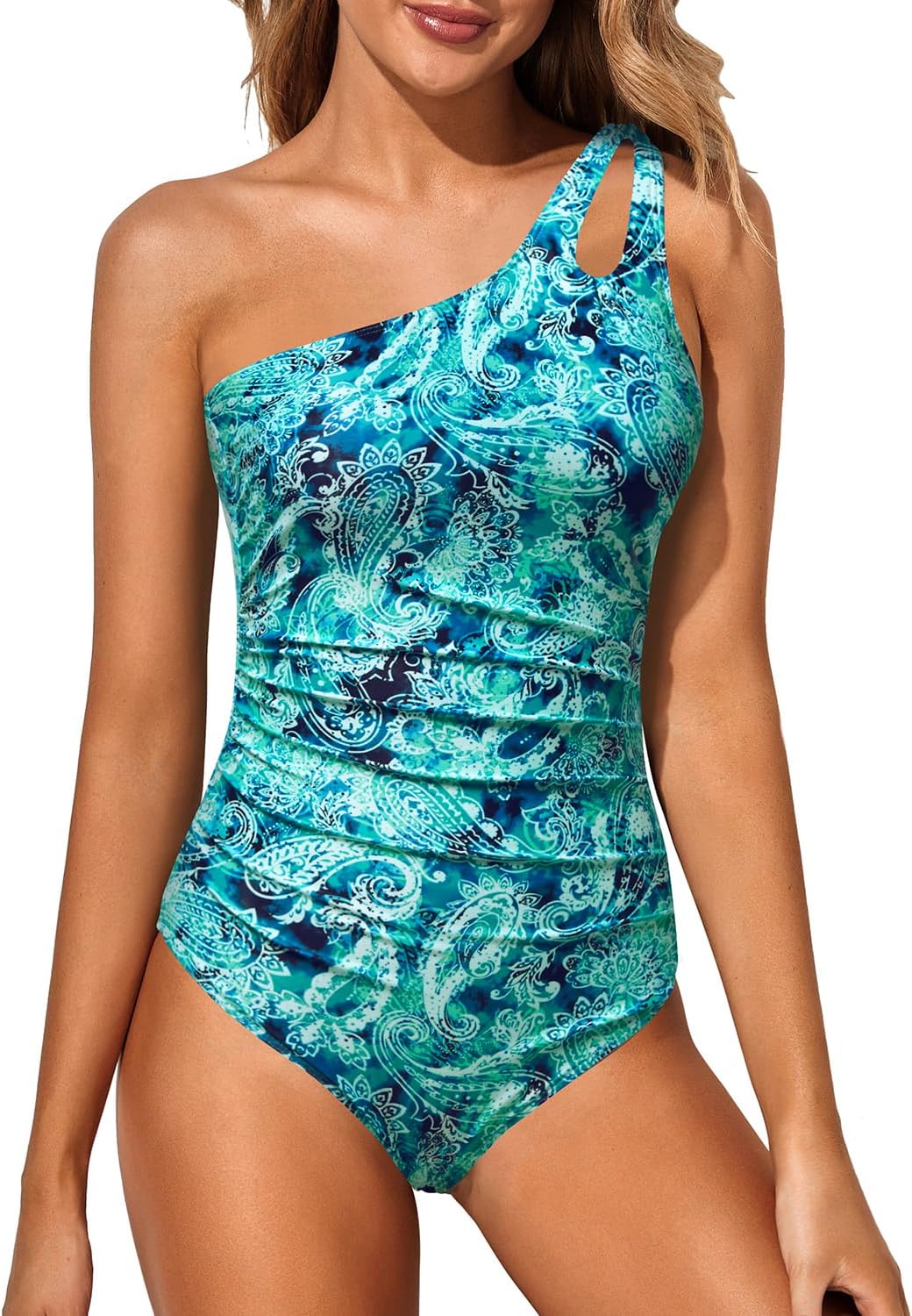 One Shoulder One Piece Swimsuit for Women with Tummy Control
