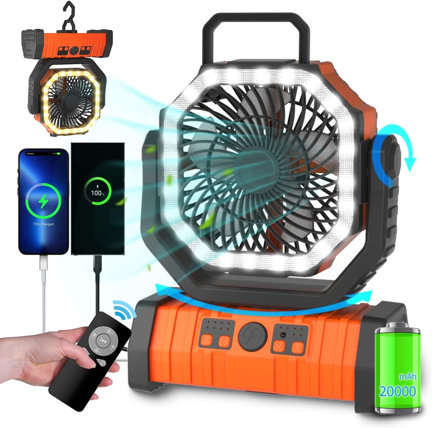 20000mAh Rechargeable Camping Fan with LED Light