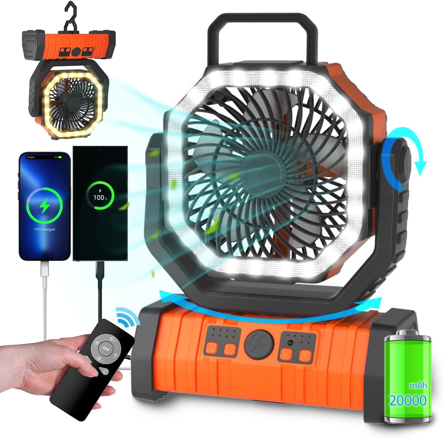 20000mAh Rechargeable Camping Fan with LED Light