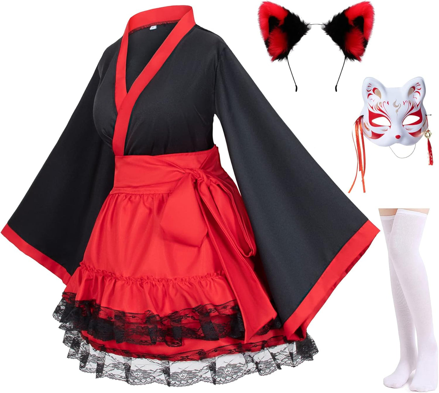 Japanese Anime Red and White Kimono Fox Cosplay Costume Set
