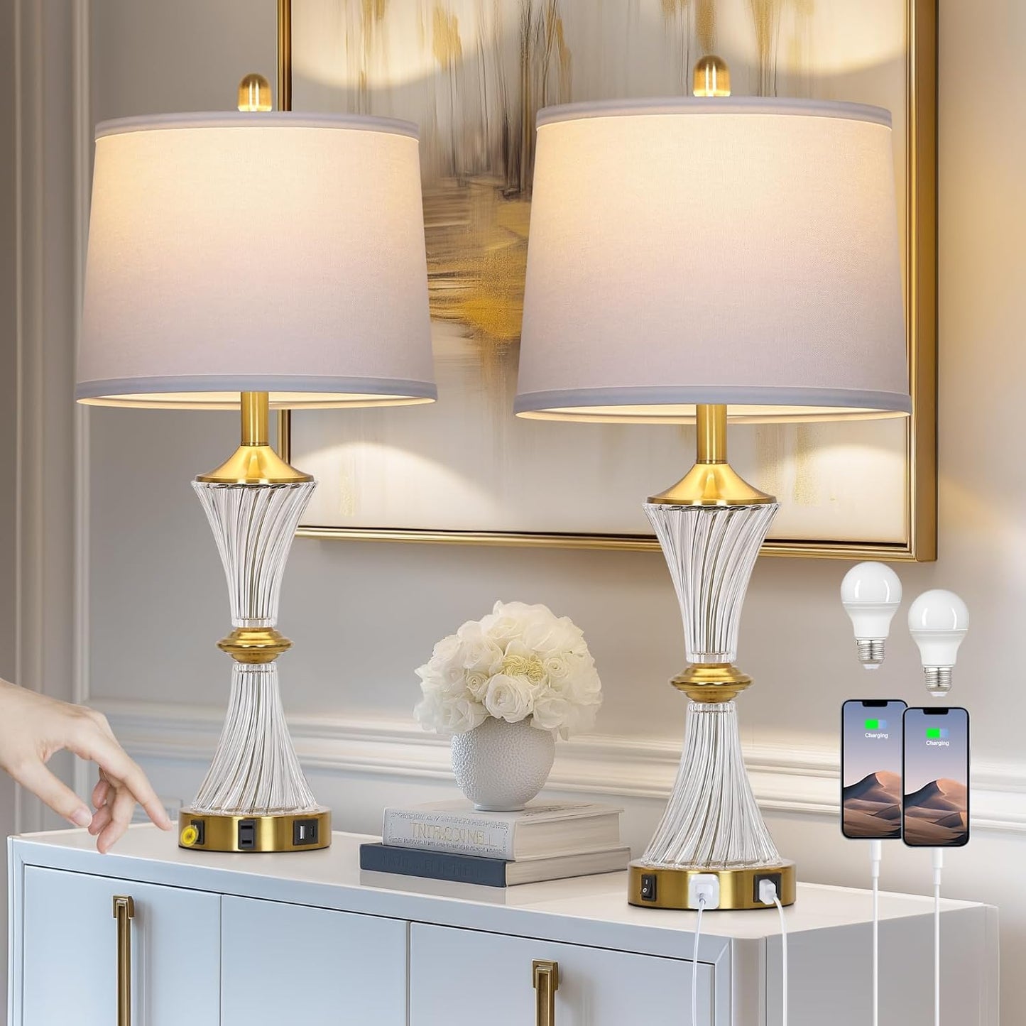 Crystal Glass Table Lamp Set of 2 with USB Ports for Modern Decor