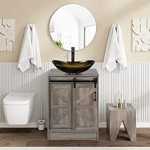 Puluomis Bathroom Vanity with Barn Door and Gold Glass Sink