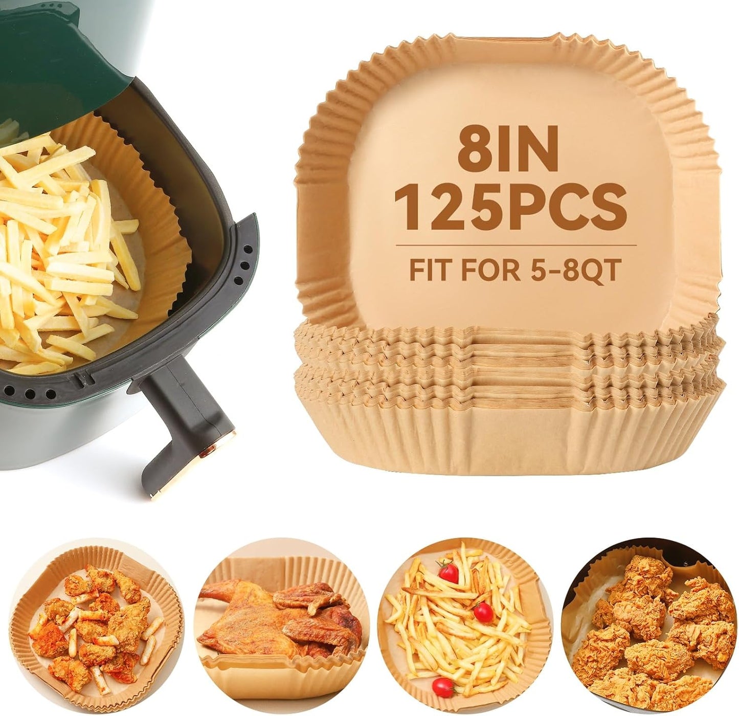 BakoPako 8 Air Fryer Liners - 125pcs Non-Stick Sheets