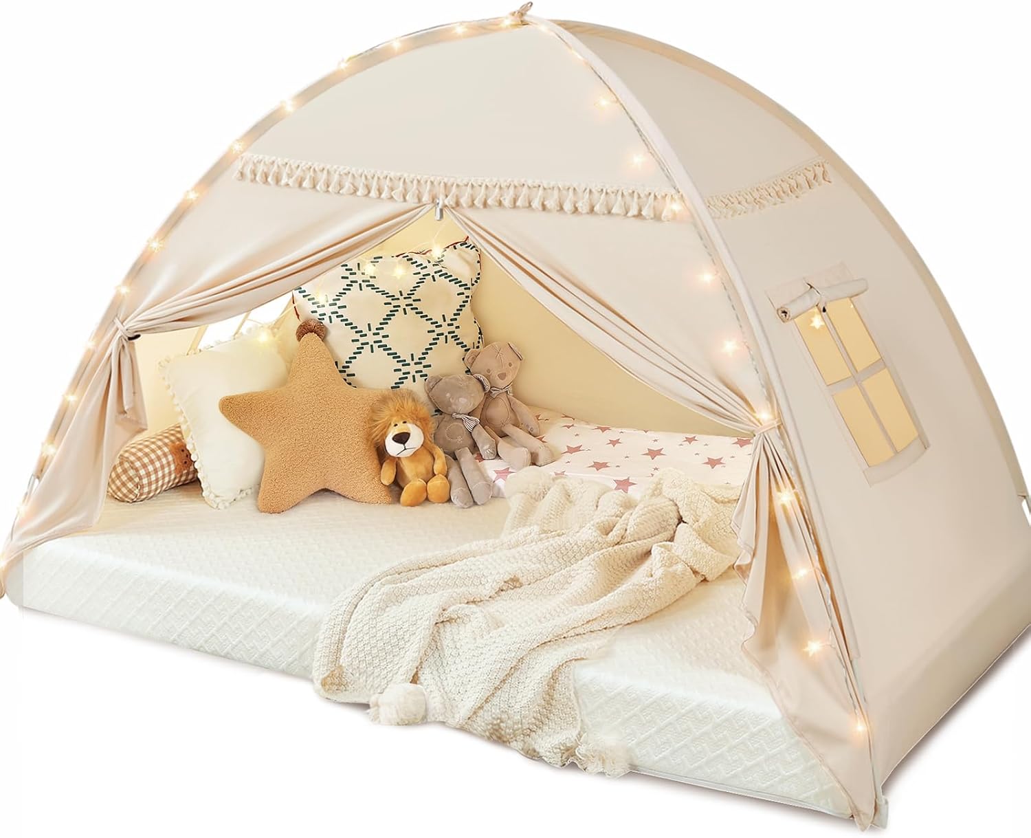 Toddler Canopy Lights & Flags Indoor Floor Bed Tent Playhouse