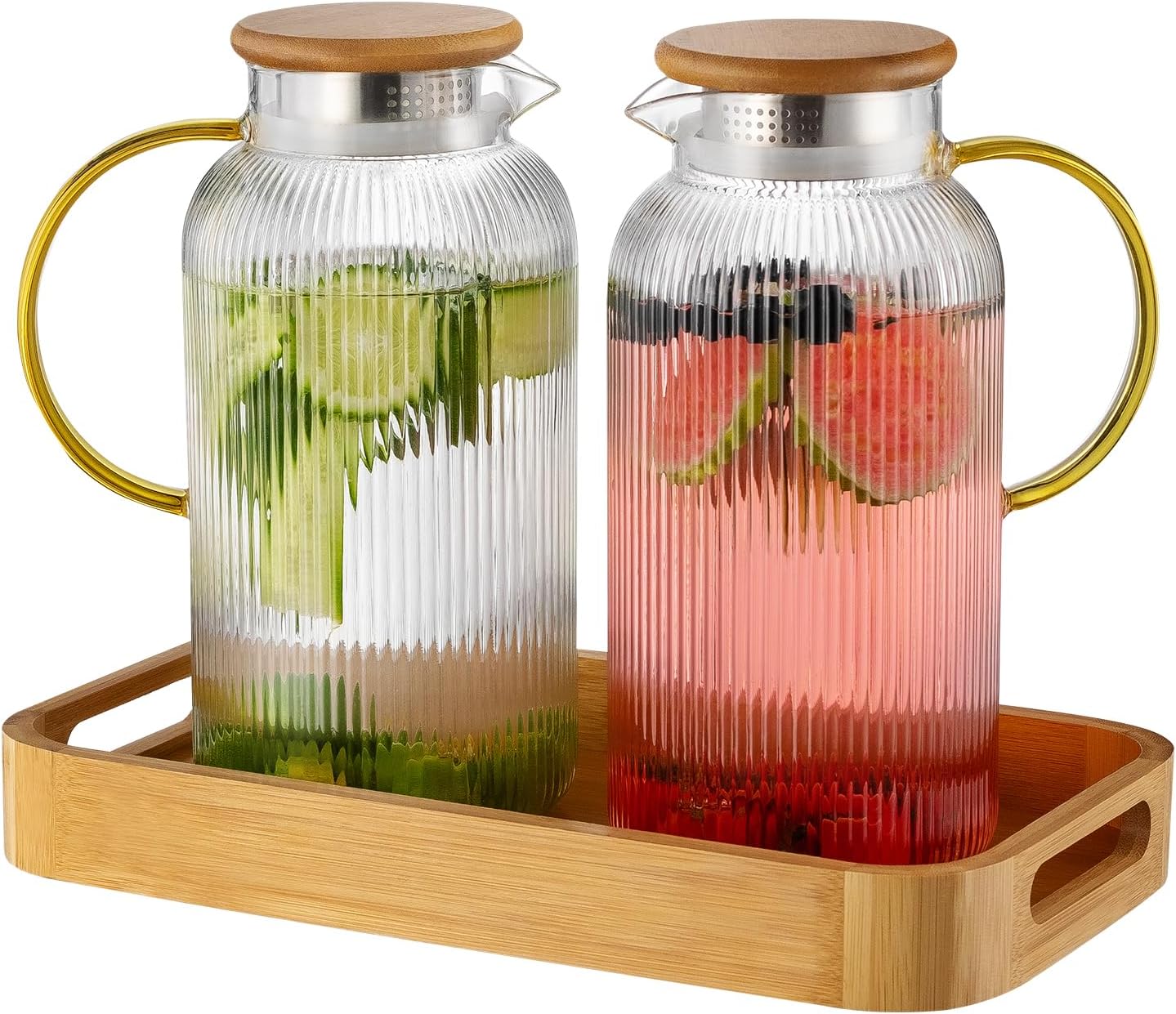 Buaic 68 oz Glass Pitcher with Lid and Bamboo Serving Tray