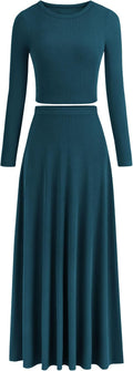 Women Ribbed Knit 2-Piece Skirt Set - Cropped Top & Maxi Skirt