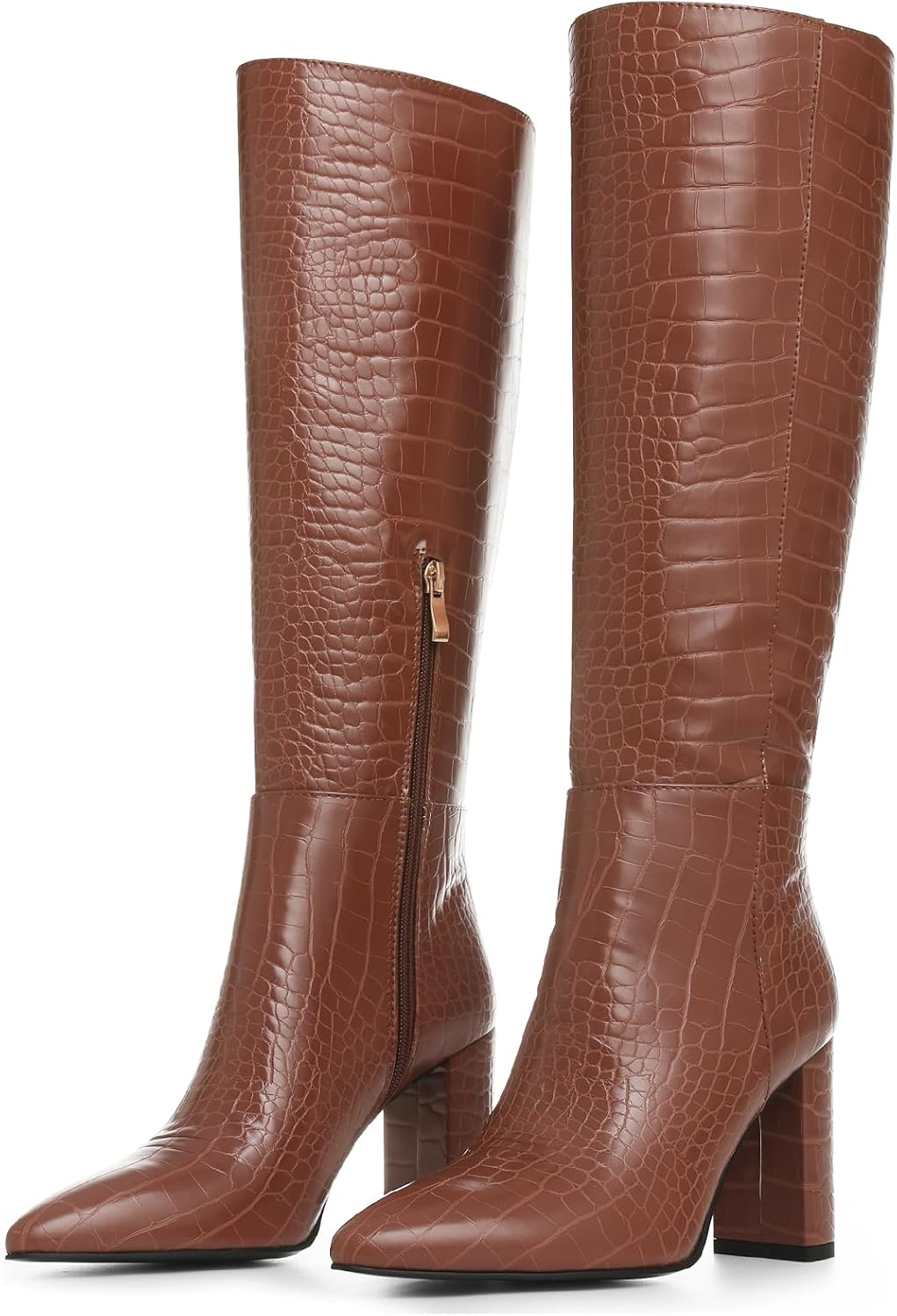 Knee High Boots for Women with Chunky Heel and Zipper Design