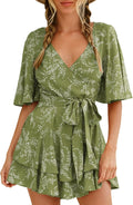 Floral V Neck Summer Romper - Flattering Casual Tie-Waist Fit