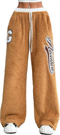 Womens Fuzzy Plush Pajama Pants Wide Leg - Cozy Drawstring Waist