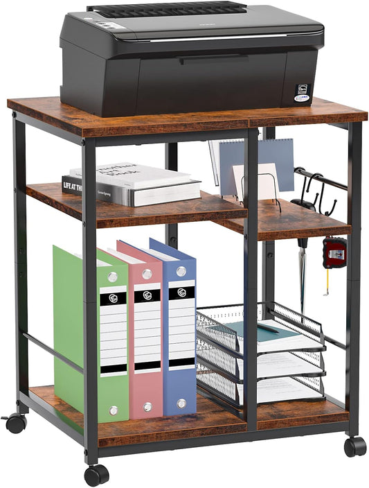 Rustic Brown Printer Stand - Mobile Cart with Storage