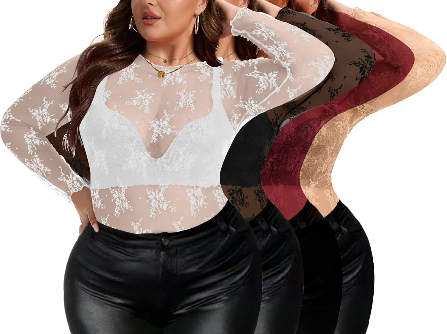AYIFU Women's Plus Size Sheer Lace Long Sleeve Blouse Tops