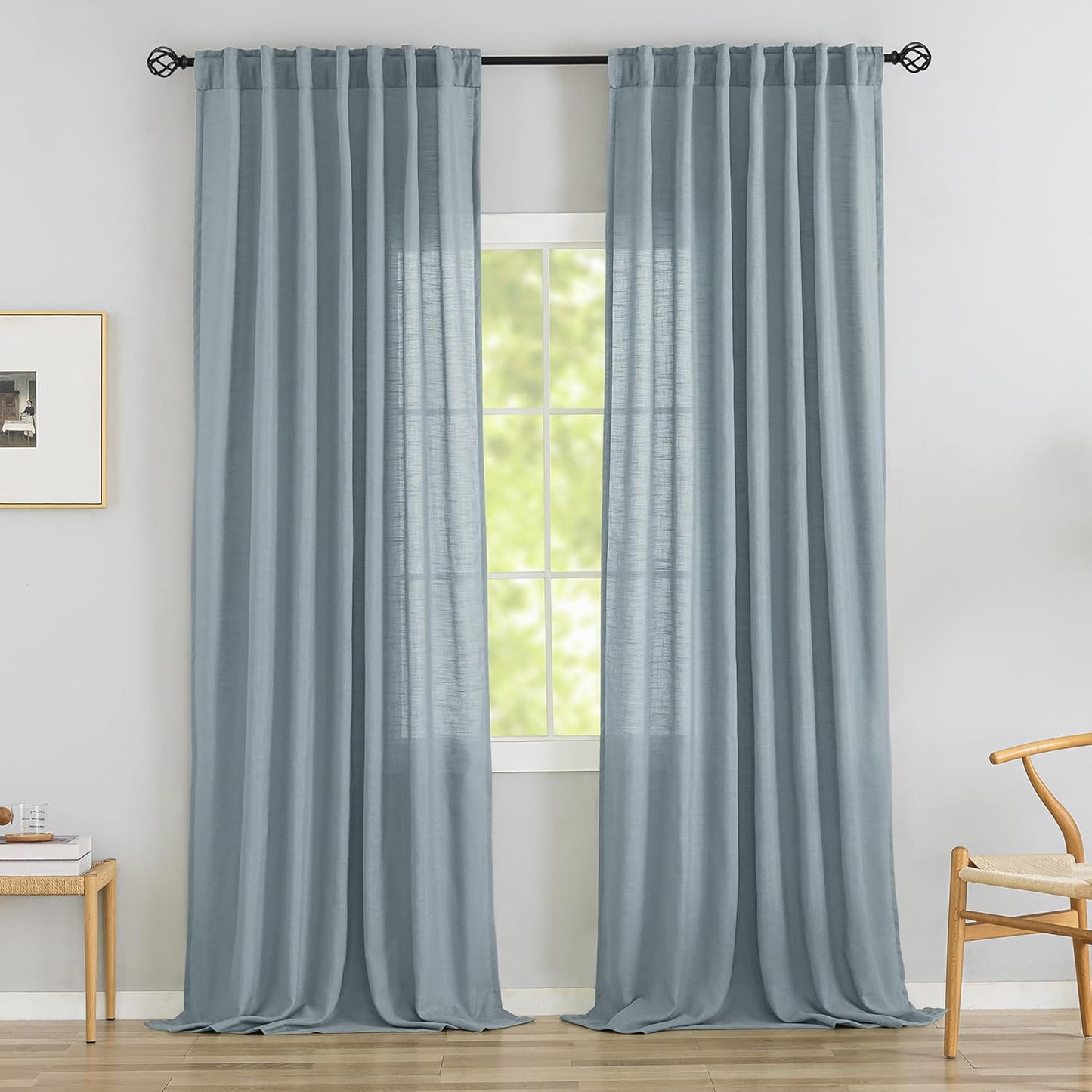 Stone Blue Linen Back Tab Curtains for Elegant Living Rooms