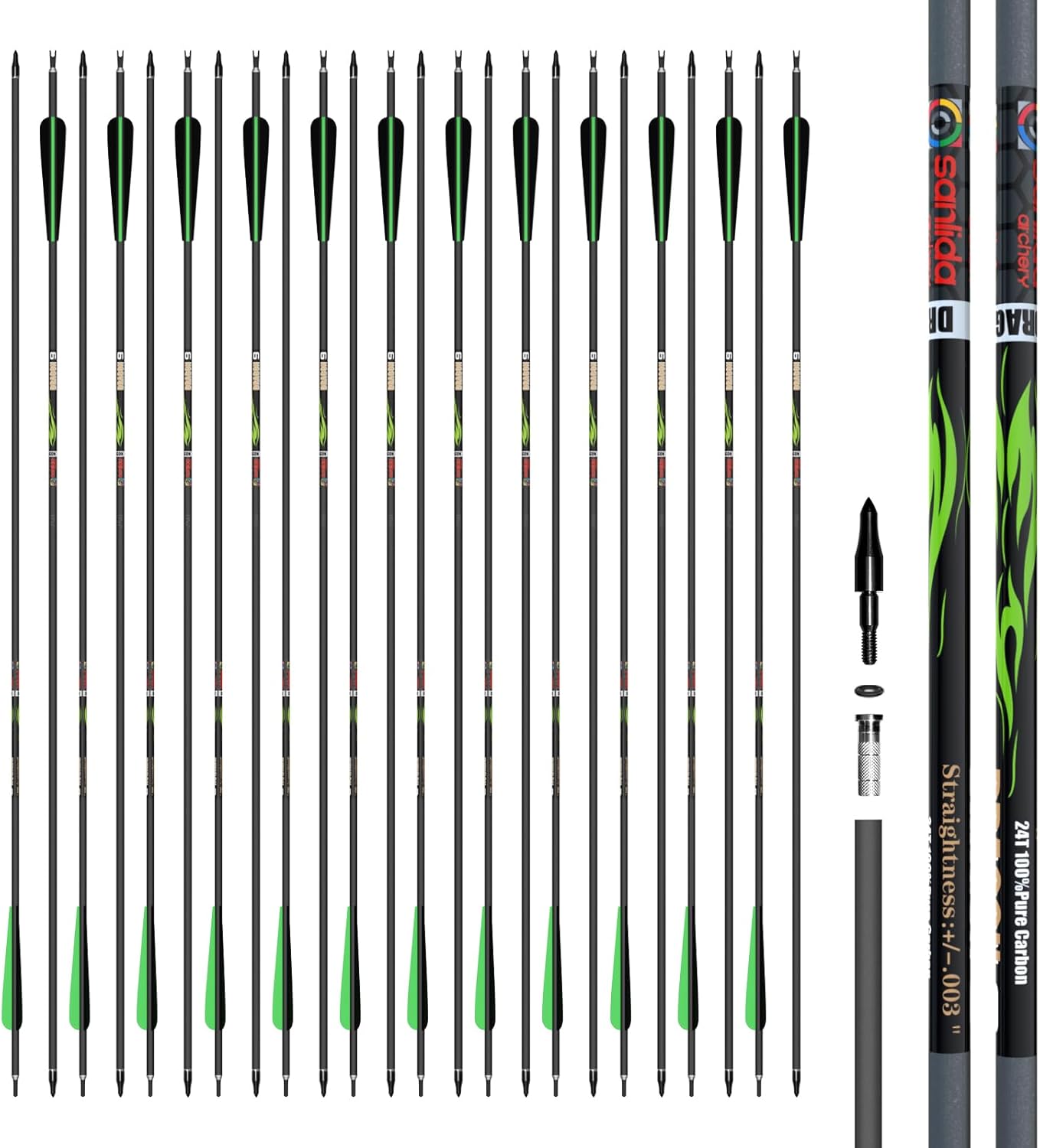100% Pure Carbon Arrows for Compound and Recurve Bows - 24PCS