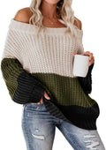 Womens Oversized Color Block Off The Shoulder Sweater - Striped Knit