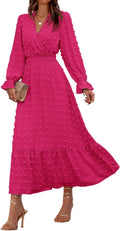 Women Fall Maxi Dress V Neck Swiss Dots - Flowy Ruffle Style