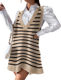 Elegant Women's V Neck Sweater Dress Featuring Handy Pockets