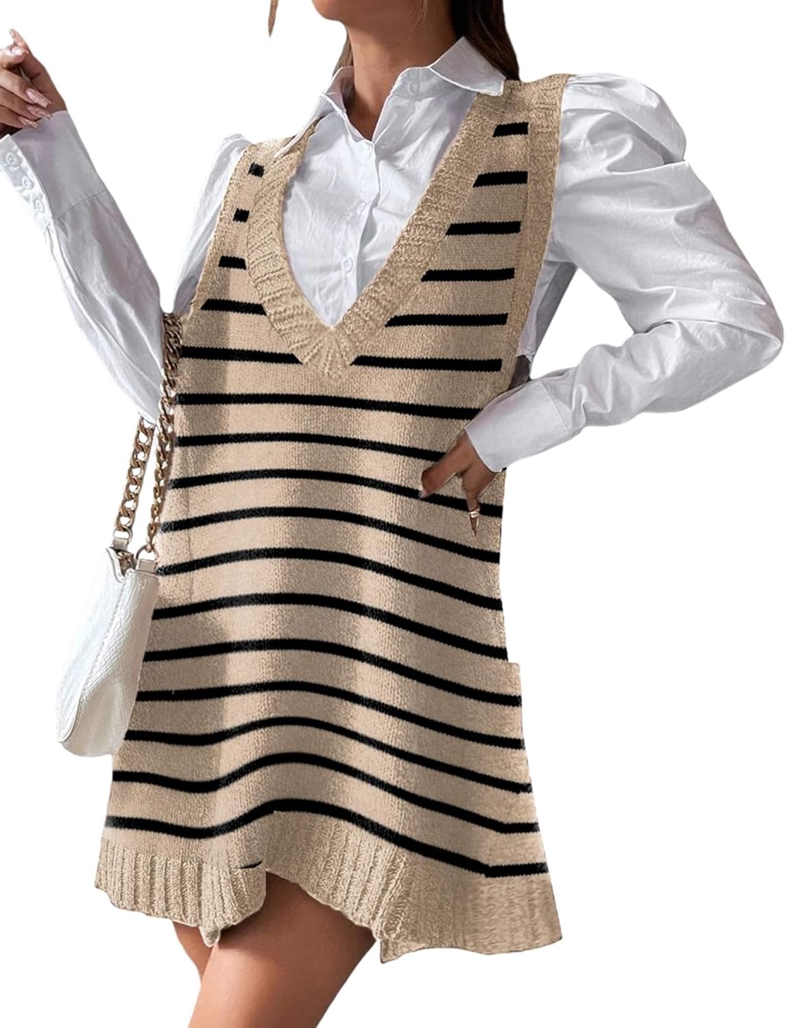 Stylish V Neck Sweater Vest Dress with Pockets for Women