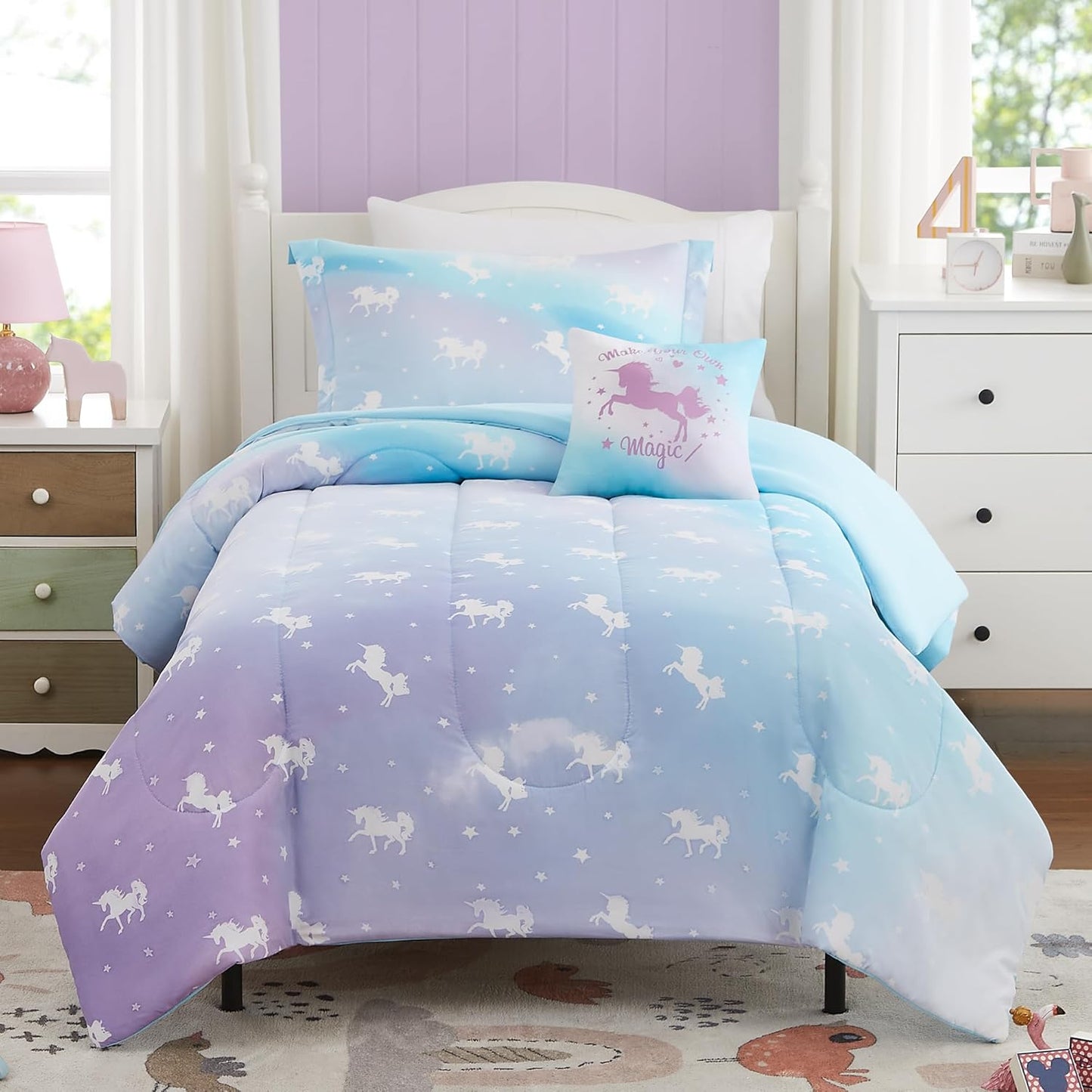Glow in The Dark Unicorn Twin Bedding Sets for Girls - 3 Pieces