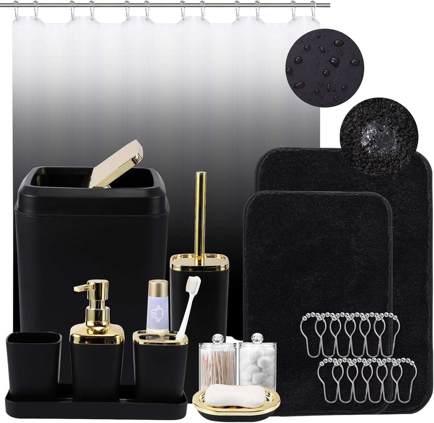 Complete Black Bathroom Accessories Set with Shower Curtain and Rugs