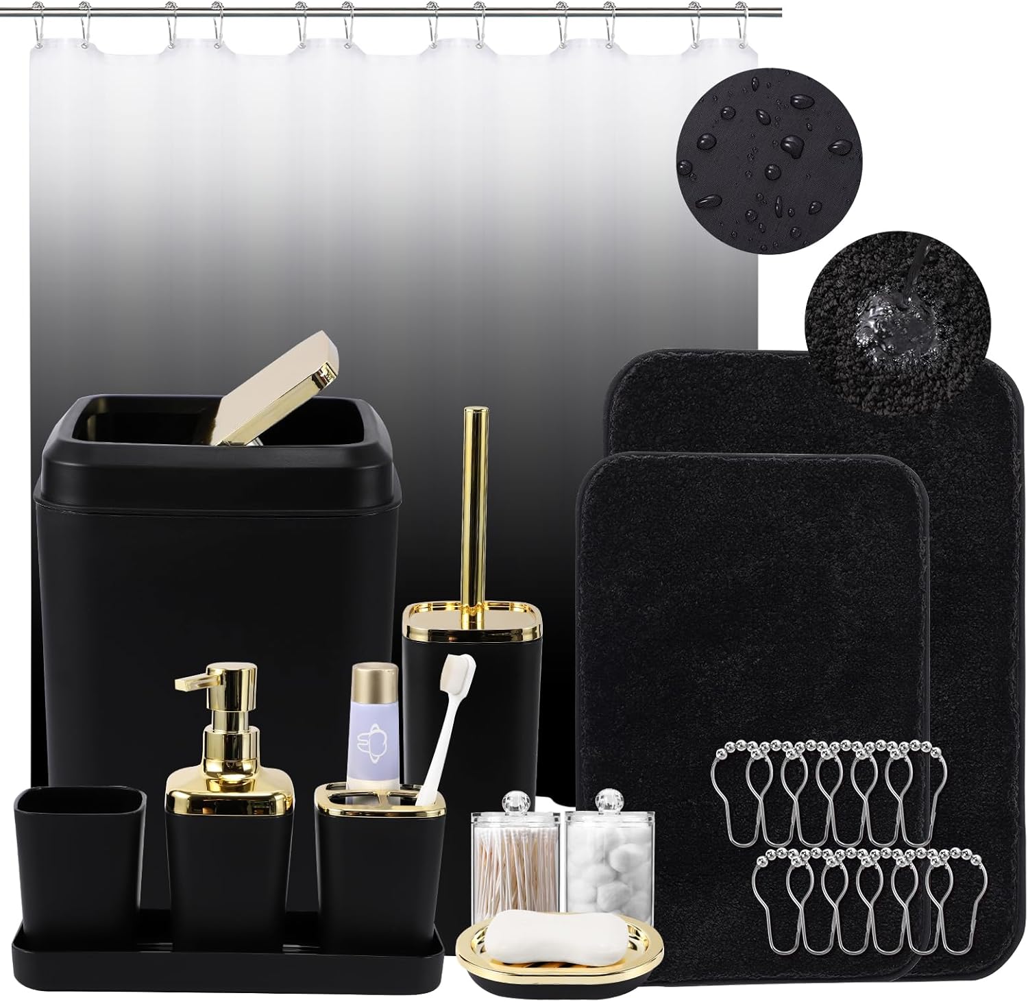 Complete Black Bathroom Accessories Set with Shower Curtain and Rugs
