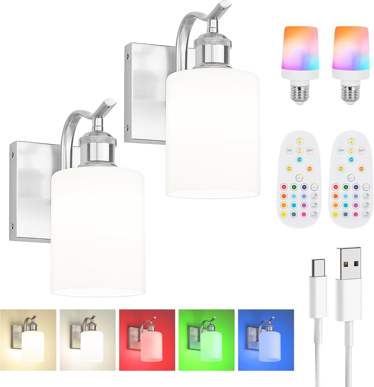 Modern Battery Operated Wall Sconce with RGB Bulb for Home