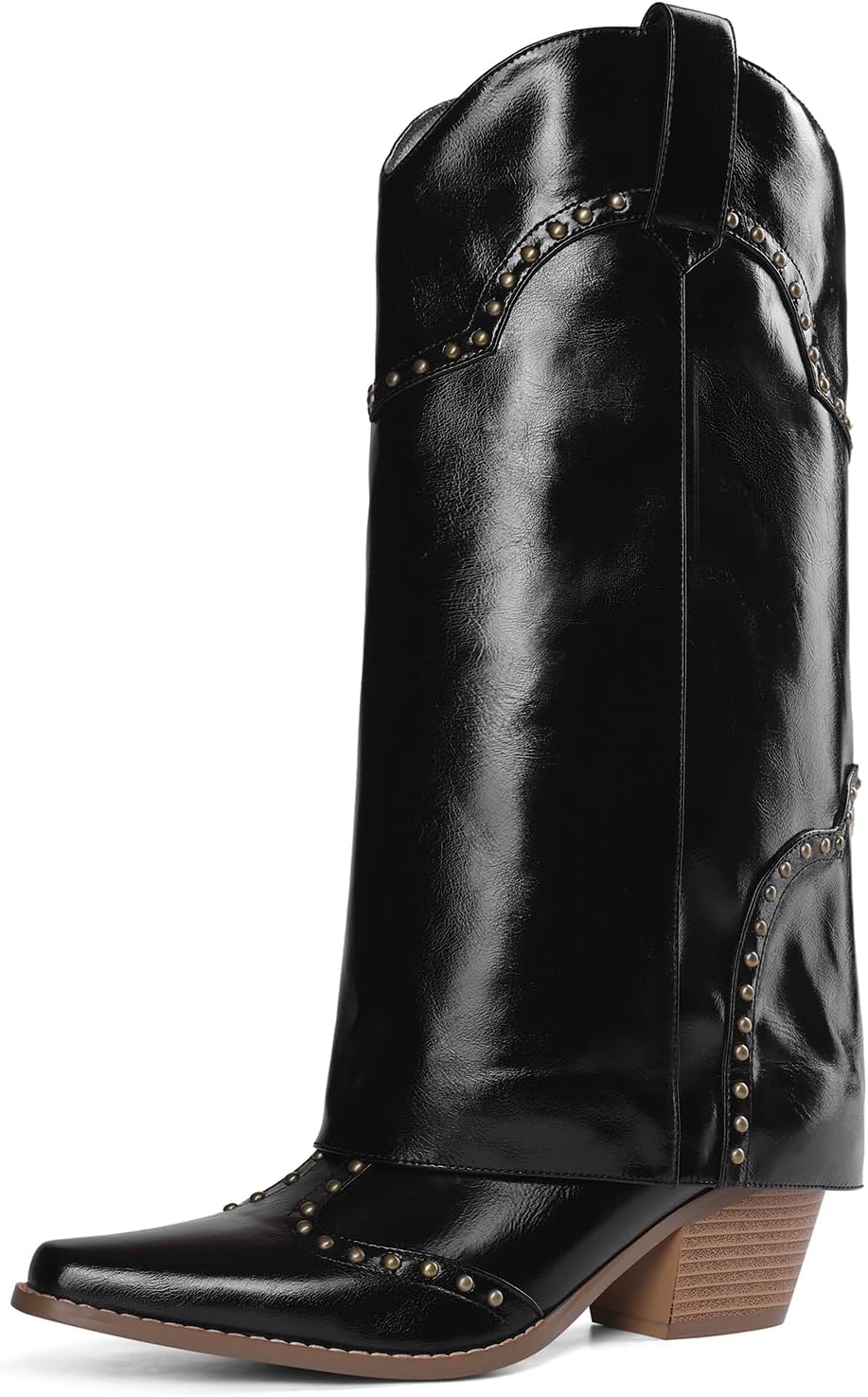 Women Shark Boots Fold Over Mid Calf Chunky Heel Stylish Design