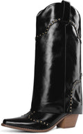 Women Shark Boots Mid Calf Chunky Heel Fold Over Studded - Comfortable