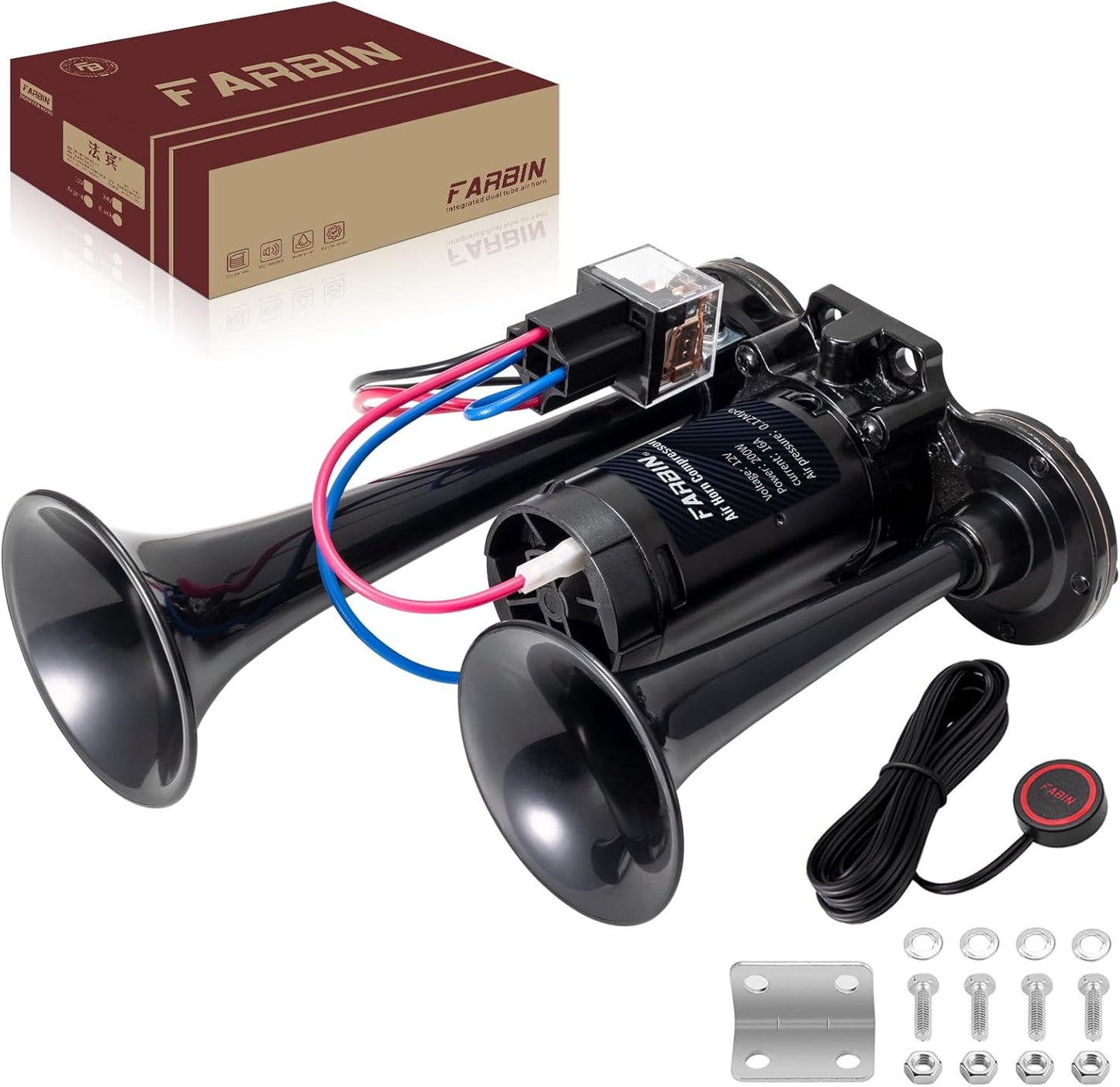 FARBIN Black Air Horn for Truck and Car - Loud Dual Trumpet