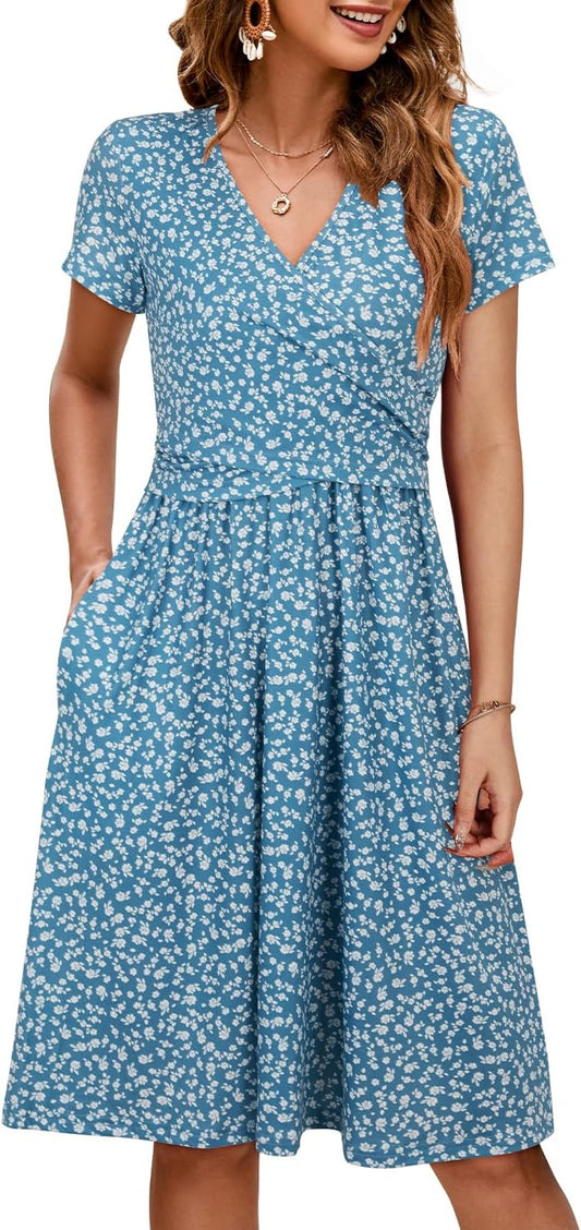 OUGES Women's V Neck Midi Dress with Pockets for Maternity