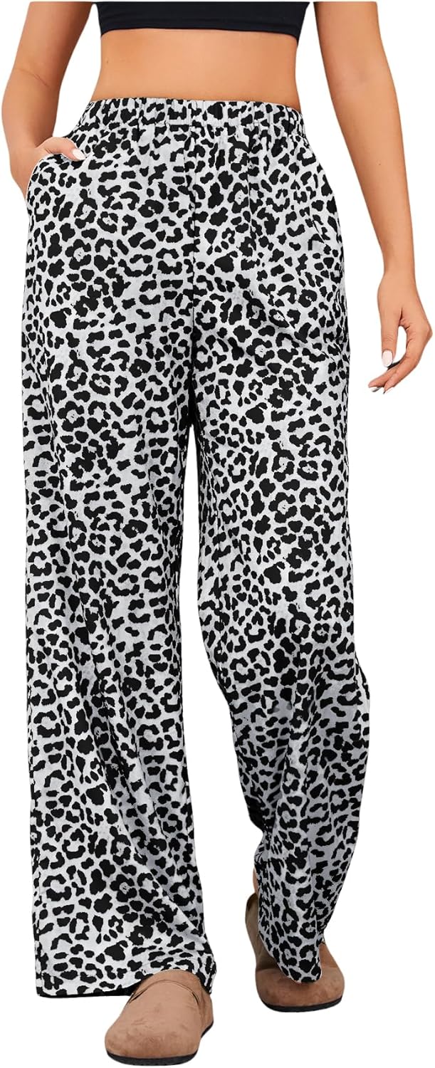 OYOANGLE Women's Leopard Print High Waist Wide Leg Pants